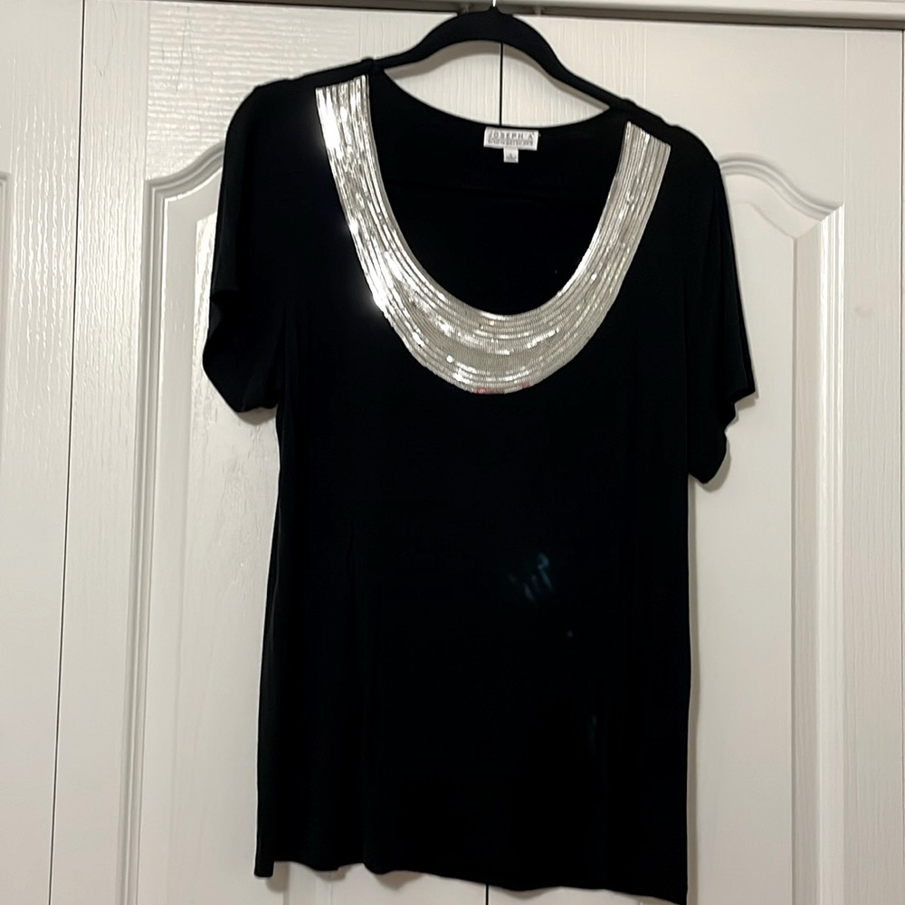 Joseph A black short sleeve tee with silver “bling” neckline, size Large